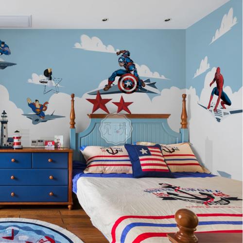 兒童房壁紙卡通3d超級英雄牆布蜘蛛俠超人牆紙男孩臥室背景牆壁畫