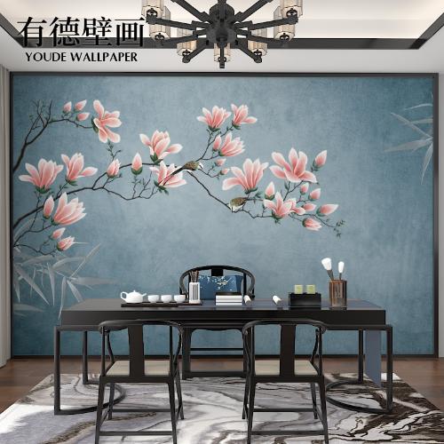 新中式電視背景牆壁紙古風玉蘭花鳥牆紙壁畫客廳臥室書房茶室牆布