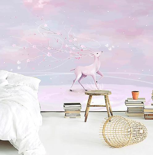 簡約歐式粉色麋鹿壁紙田園花卉牆紙手繪女孩臥室牆布電視背景壁畫
