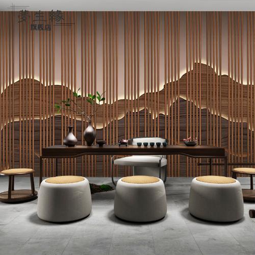 3d立體新中式壁紙茶室意境背景牆紙禪意木格柵裝飾餐廳採耳館牆布