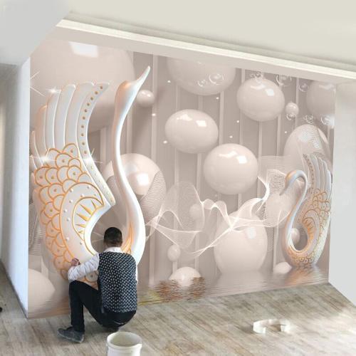 8D立體浮雕歐式天鵝電視背景牆壁紙大氣現代客廳臥室牆布牆紙壁畫