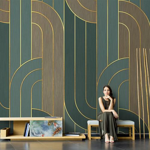 現代簡約客廳沙發電視背景牆8d輕奢壁紙牆布綠色金線幾何臥室壁畫