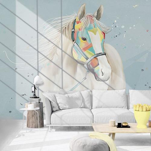 wallpeper3d 手繪水彩馬沙發臥室壁紙 現代客廳電視背景牆紙壁畫