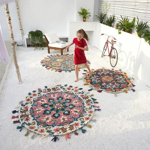 進口臥室羊毛地毯民族異域風手工編織流蘇墊兒童房客廳圓形牀邊毯