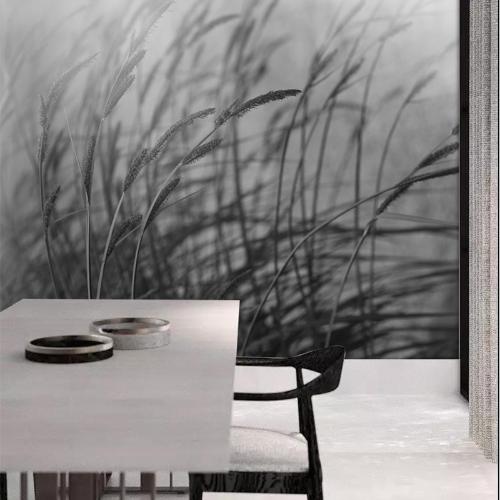 牆酷 現代簡約灰色植物牆紙客廳臥室玄關 過道進門牆背景壁畫飄葦