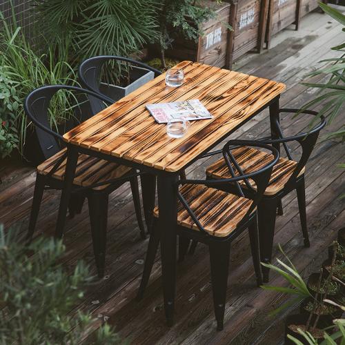 現代簡約鐵藝防腐木組合室外休閒方桌熱銷可疊放餐廳椅精品五件套