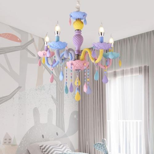 北歐美式馬卡龍彩色水晶吊燈兒童房卡通蠟燭吊燈夢幻公主房間燈飾