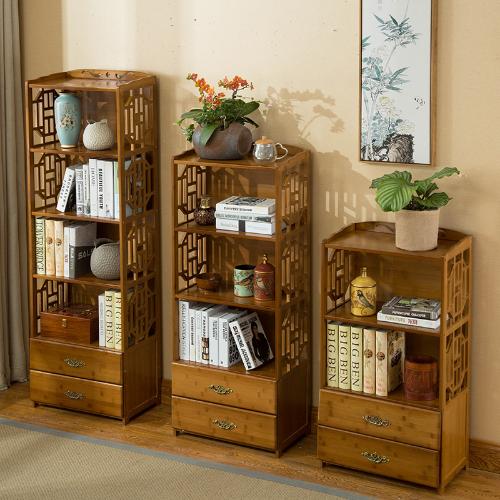 中式抽屜書櫃簡約現代組合書架客廳置物架實木落地儲物架簡易楠竹