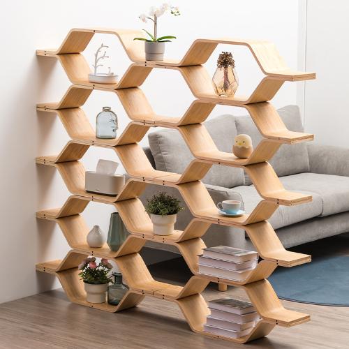 竹庭書架落地收納置物架牆壁隔斷實木兒童書櫃蜂巢創意省空間書架