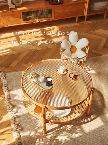 櫻桃木圓型玻璃茶几邊幾組合北歐實木日式INS風藤編簡約現代客廳