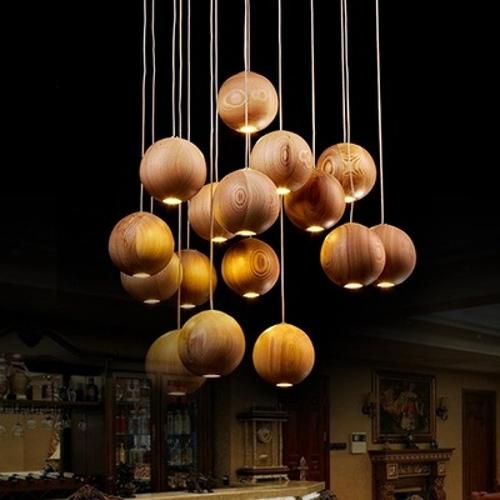 設計師個性創意藝術實木吊燈新中式酒店餐廳LED木藝圓球吧檯燈具