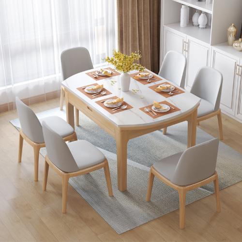 北歐大理石餐桌 實木簡約現代摺疊圓桌 家用小戶型飯桌椅組合歺桌