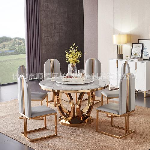 輕奢風大理石圓形北歐餐桌飯桌帶轉盤現代簡約不鏽鋼圓桌餐椅組合