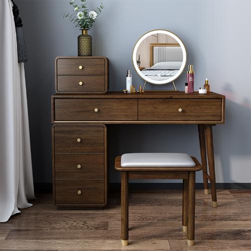 北歐全實木梳妝檯帶燈臥室收納櫃一體簡約現代胡桃木小戶型化妝桌