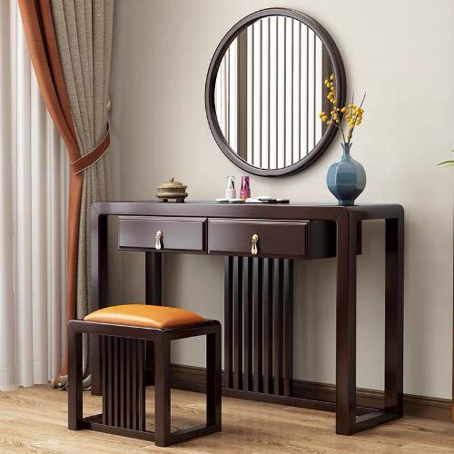 新中式實木梳妝檯小戶型臥室化妝桌軟包凳組合帶鏡子抽屜傢俱