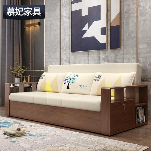 現代新中式實木沙發組合 沙發牀客廳實木冬夏兩用儲物牀木沙發