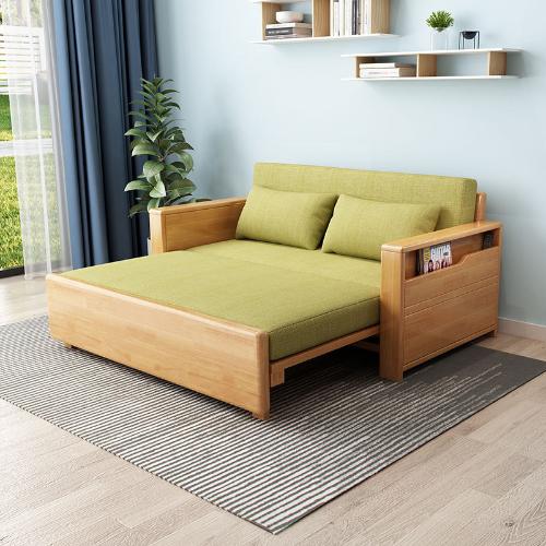 實木沙發牀兩用 多功能小戶型推拉牀 伸縮牀沙發牀北歐布藝沙發牀
