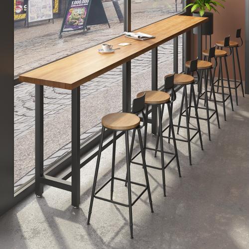 美式實木吧檯桌椅組合 商用靠牆實木長條高腳桌 酒吧咖啡廳吧檯