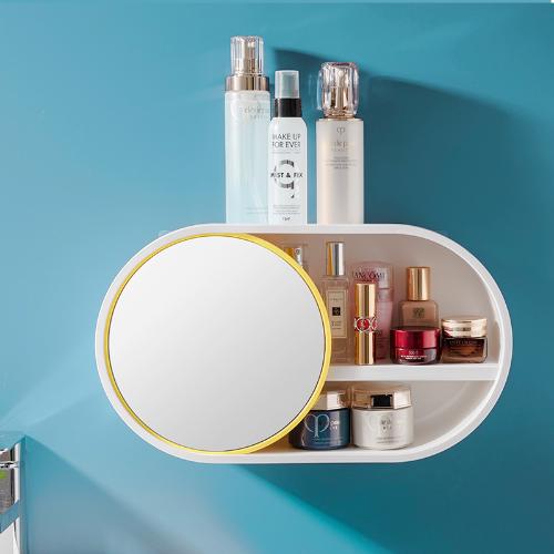 家用桌面收納置物架 化妝品收納盒 鏡子一體牆壁掛式護膚品儲物架