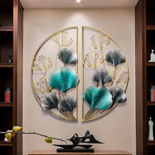 新中式銀杏葉牆掛件裝飾品客廳立體奢華圓形牆面上大氣鐵藝壁掛