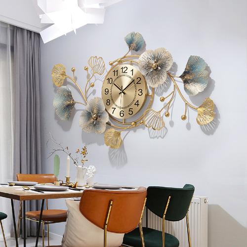 時尚創意鐘錶新中式時鐘客廳餐廳輕奢大氣銀杏葉掛鐘藝術掛牆鍾飾