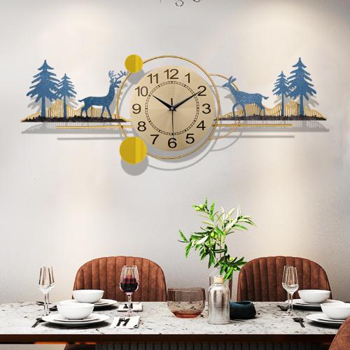 新中式創意鐘錶客廳餐廳時鐘輕奢掛鐘掛牆鍾飾發財有鹿大氣掛鐘表