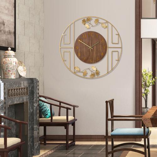 新中式現代鐵藝掛鐘 玄關客廳背景裝飾壁掛 簡約大氣銀杏葉鐘錶