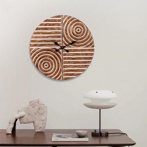 北歐風創意時鐘 書房客廳臥室圓形掛鐘雕刻木質靜音時鐘表