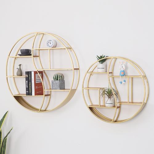 美式圓形鐵藝置物架 家居客廳牆壁裝飾架 金色咖啡廳簡約實木書架