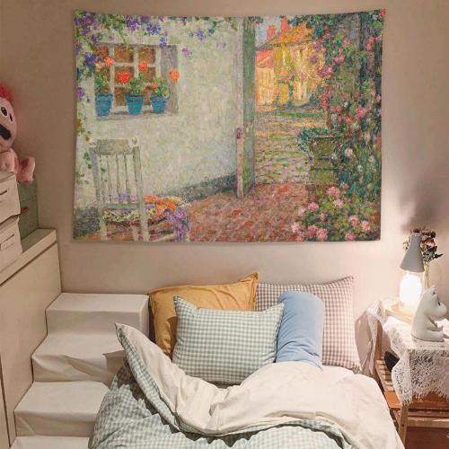 復古油畫背景布 玫瑰花園藝術掛布臥室牀頭布租房宿舍裝飾ins掛毯