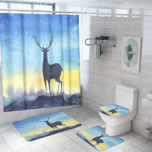 新款跨境 數碼印花防水浴簾套裝 彩繪動物鹿 來圖定製 花型不限