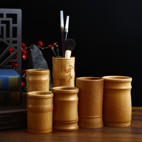 天然竹木筆筒多功能高檔復古圓形筆桶中國風辦公室文房擺件收納盒