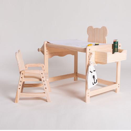 全實木兒童房畫畫學習桌創意多功能熊桌椅可升降高度松木課桌椅