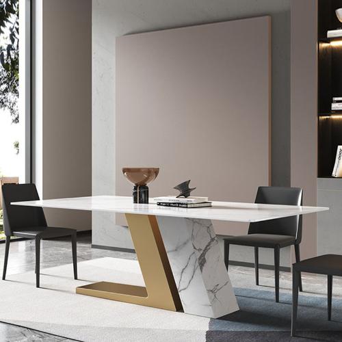 現代簡約意式輕奢亮光巖板餐桌椅組合小戶型設計師長方形餐檯飯桌