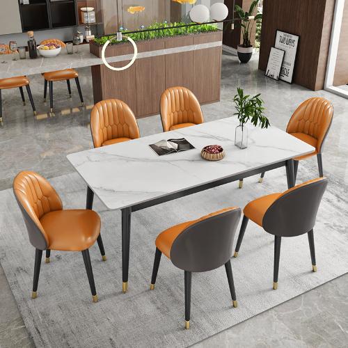 白色巖板餐桌家用小戶型現代簡約大理石吃飯桌子餐桌椅組合長方形
