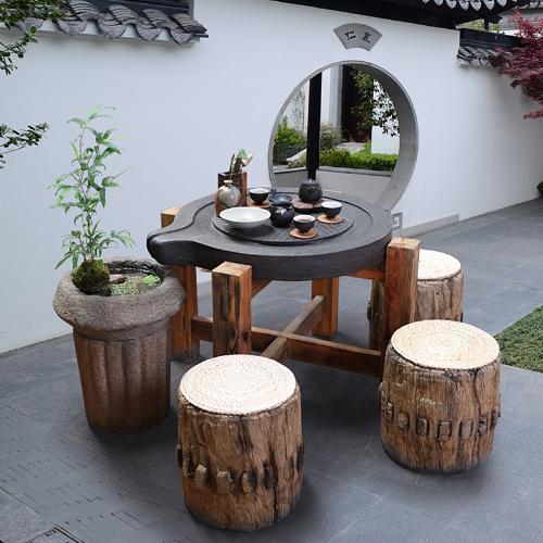 新中式庭院陽臺禪意茶桌椅子組合小茶几茶具套裝石磨盤功夫泡茶臺