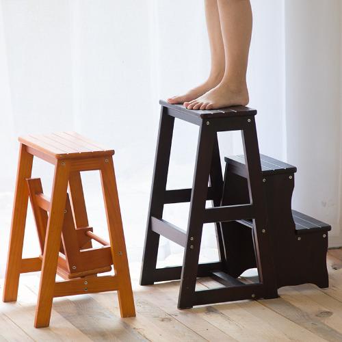 多功能實木梯凳家用梯子創意兩用加厚三步臺階樓梯椅登高凳置物架