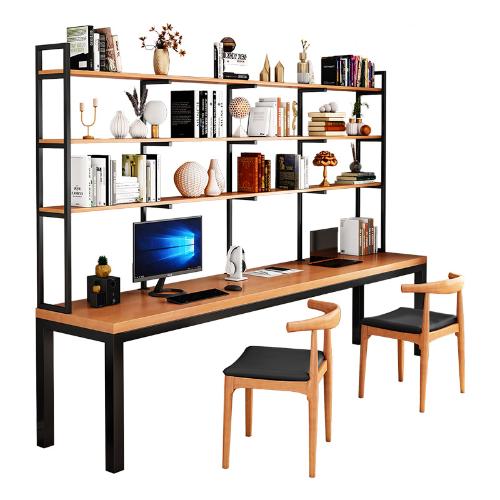 鐵藝實木書桌書架一體組合家用辦公寫字桌靠牆電腦檯式桌置物架子
