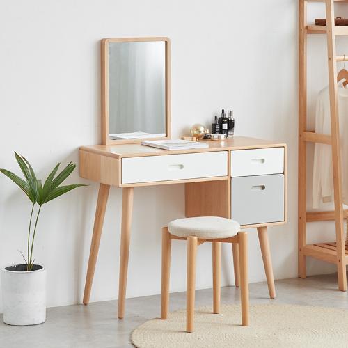小戶型臥室梳妝檯化妝桌帶鏡簡約現代實木梳妝桌拼色原木風化妝桌