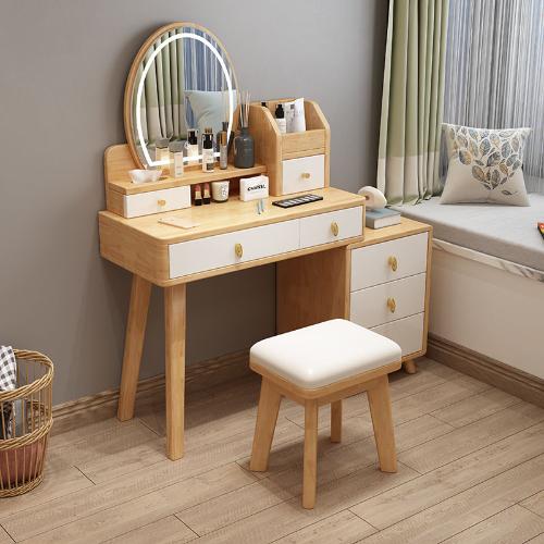 實木梳妝檯整裝小戶型臥室現代簡約化妝桌紅帶收納櫃一體梳妝桌