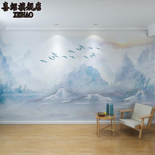 新中式牆布電視背景牆臥室客廳沙發牆紙現代抽象山水無縫定製壁畫