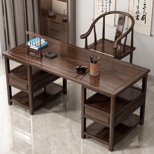 新中式實木書畫桌子橡膠木書法桌原木辦公桌家用寫字檯傢俱套裝