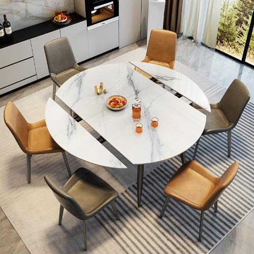 巖板伸縮餐桌家用小戶型現代簡約摺疊餐桌可伸縮圓形餐桌椅組合