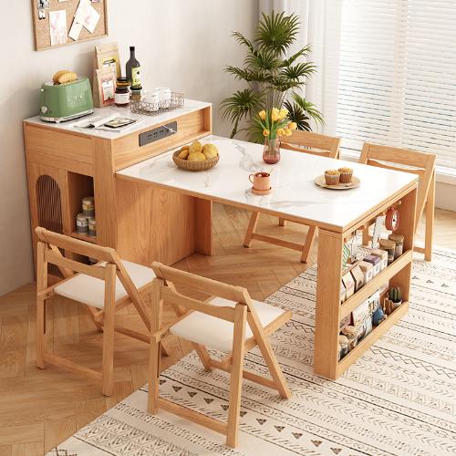 實木家用島臺餐桌一體可伸縮家用小戶型餐桌椅組合餐邊櫃摺疊飯桌