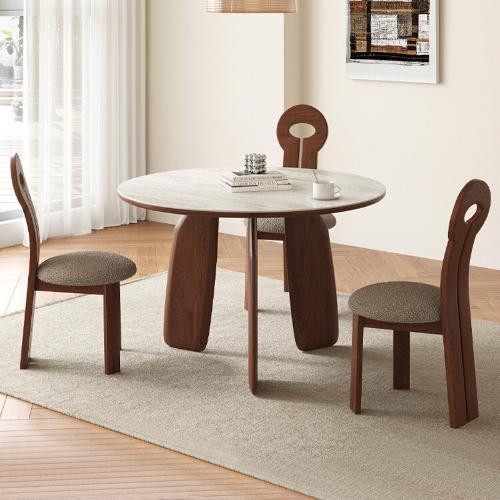 法式洞石巖板餐桌椅組合家用小戶型現代簡約實木圓形洽談桌子