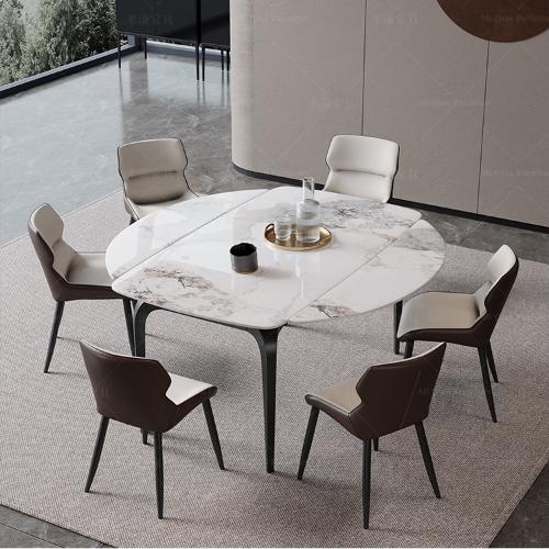 意式極簡巖板伸縮餐桌椅組合現代簡約小戶型旋轉方圓兩種家用飯桌