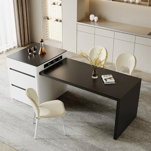 現代高端巖板島臺餐桌一體家用可伸縮小戶型黑色設計師廚房中島臺