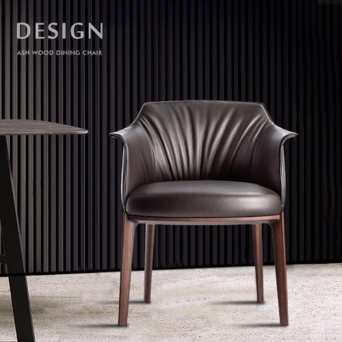 森洛克意式皮藝餐椅輕奢家用極簡設計師餐廳靠背軟包全實木椅子